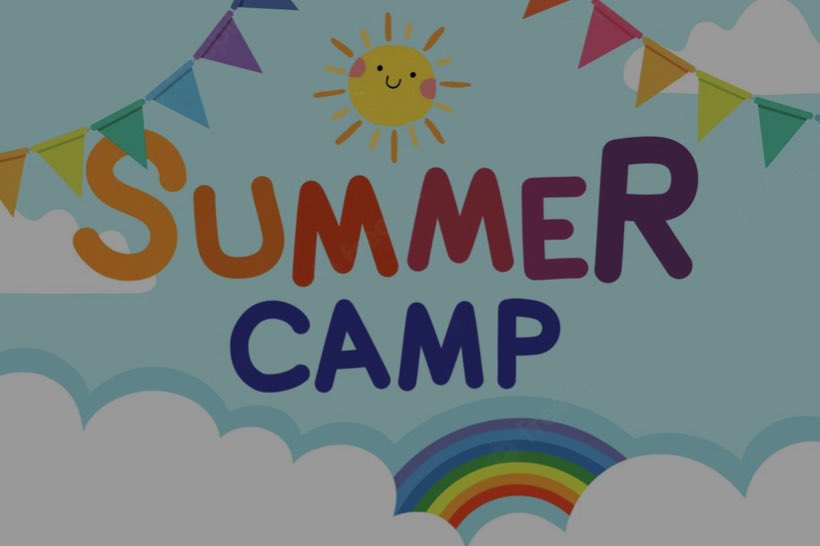 Summer camp written in blue sky with clouds and rainbow