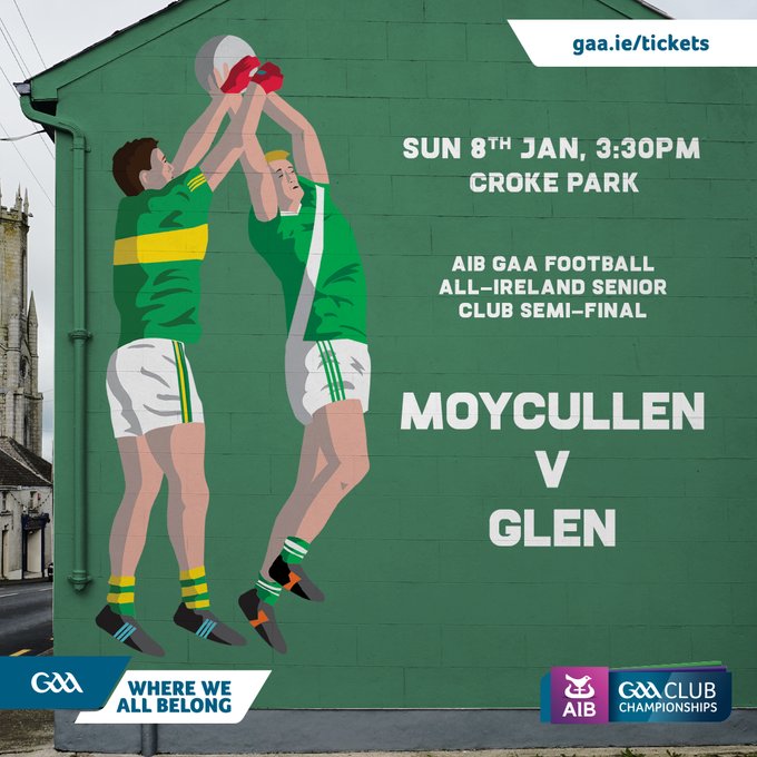 Match ticket flyer showing glen and moycullen players challenging for the ball